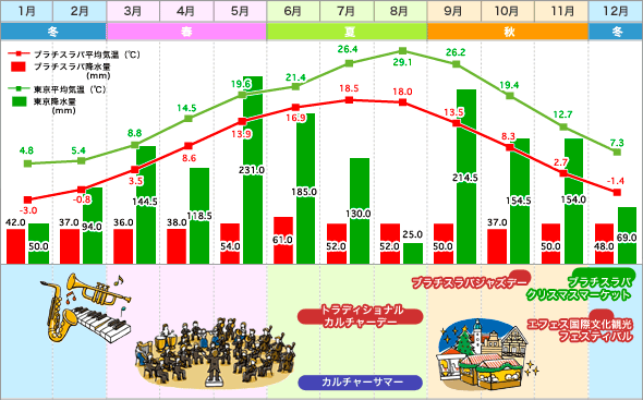 ブラチスラバ・東京　気温表／降水量グラフ
