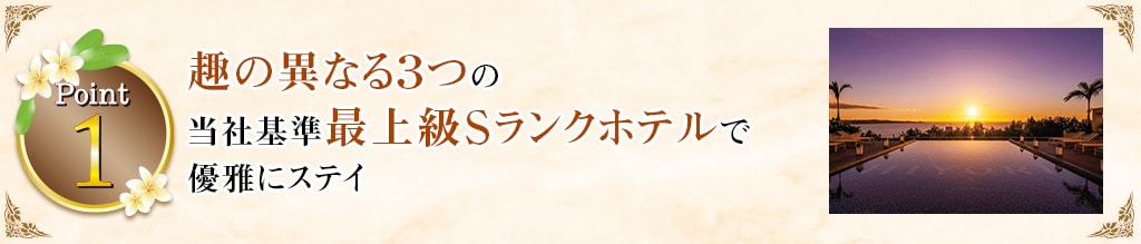 Point1 趣の異なる３つの当社基準最上級Sランクホテルで優雅にステイ