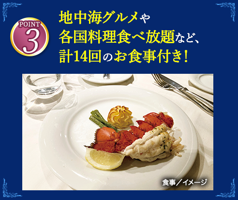 3 地中海グルメや各国料理食べ放題など、計14回のお食事付き！