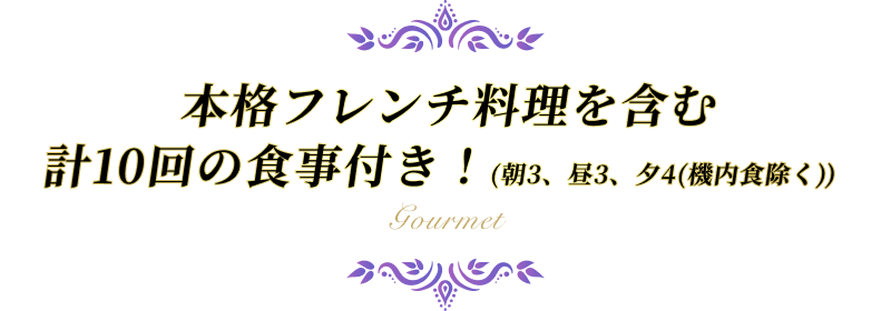 本格フレンチ料理を含む計10回の食事付き！（朝3、昼3、夕4）