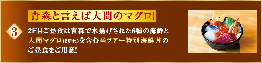 青森と言えば大間のマグロ！2日目ご昼食は青森で水揚げされた6種の海鮮と大間マグロを含む当ツアー特別海鮮丼のご昼食をご用意！